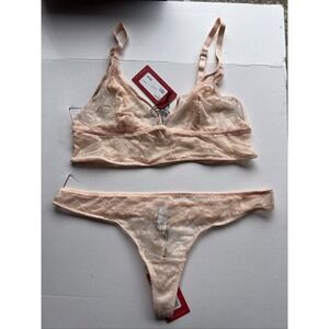 Noelle Wolf Bold Lace Bra And Thong Set Nude Sheer Bralette Size Large